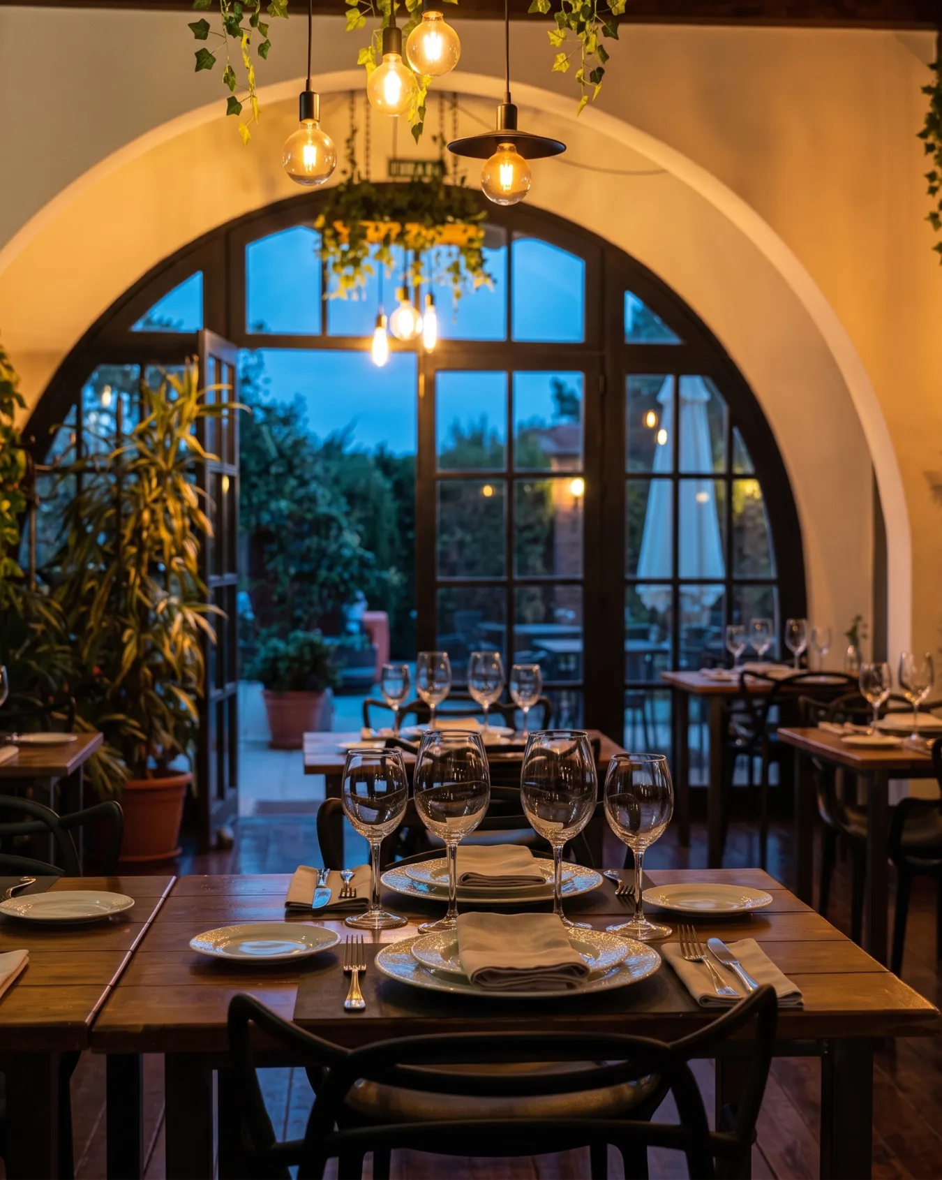 Comedor de Aba al atardecer, con sus arcos y vistas al jardín